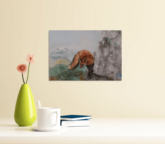 Fox original watercolor painting, fox painting, mountain landscape, animalistic wall art