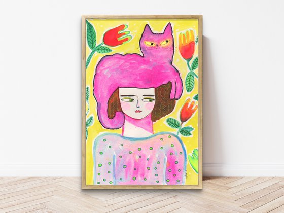 Cat lady with pink cat on head folk art