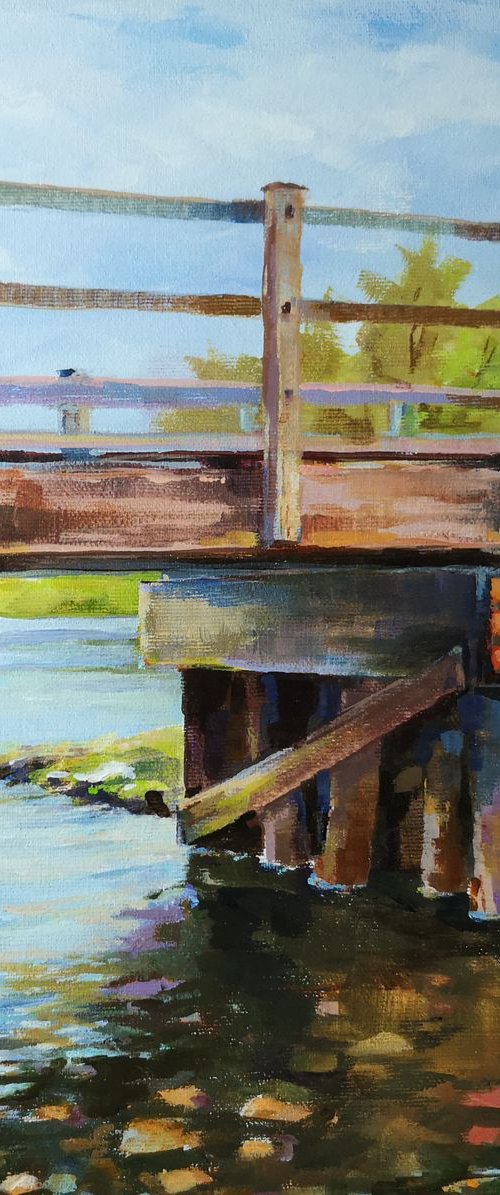 "The old bridge" - Bridges series #4, original, one of a kind acrylic on gallery-wrapped canvas impressionistic style urban landscape by Alexander Koltakov