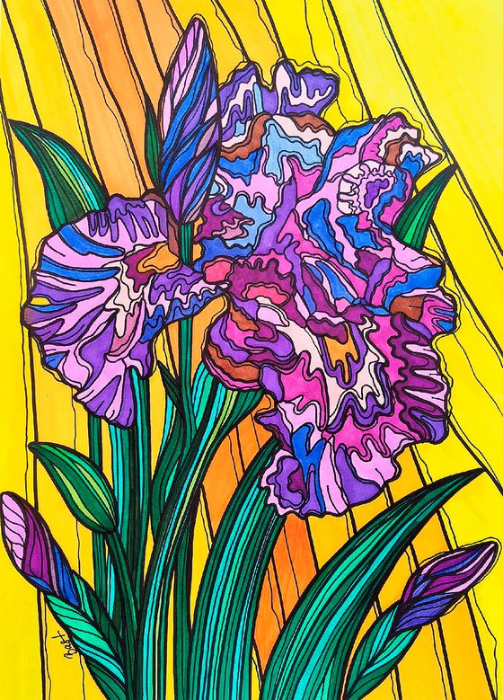 Irises - purple lilac yellow abstract flowers in stained glass cubism style