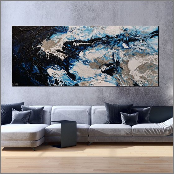 Midnight Rapture 240cm x 100cm Blue White Abstract Art