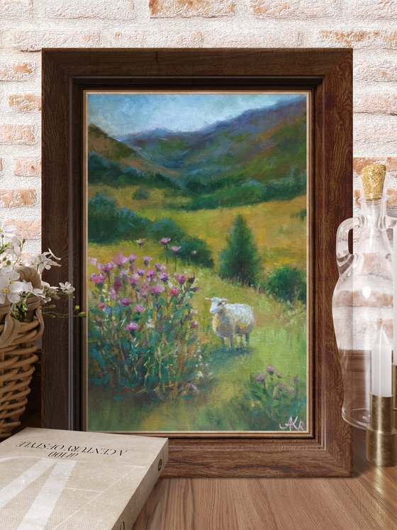 Scottish landscape, sheep on pasture
