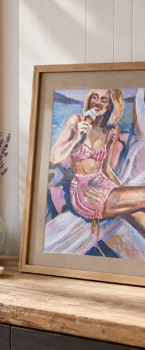 Girl with ice cream in Pink Swimsuit on Beach by Iryna Tymkul