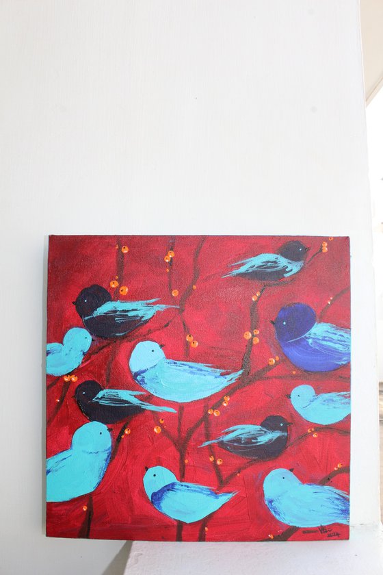 Blue Birds on a Tree painting