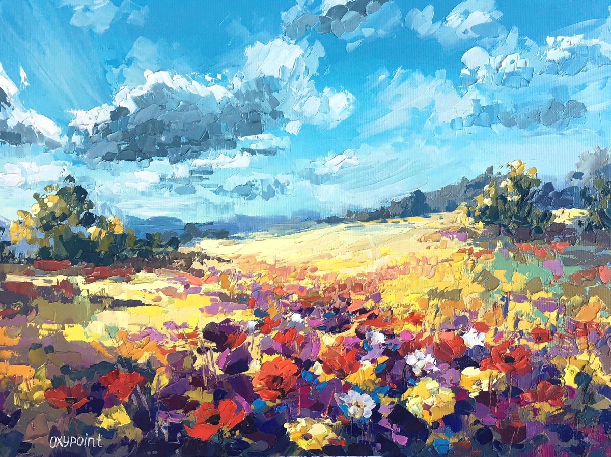 Impressionistic Landscape Oil Painting By Oxypoint, 16 X 12", "River Of Flowers", Original Artwork