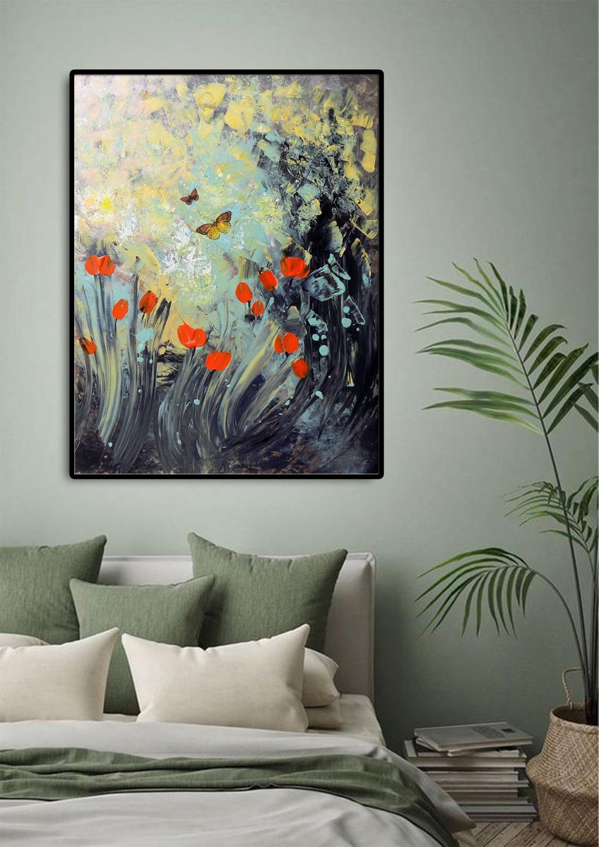 Abstract Botanical Painting By Areti Ampi, 24 X 31, Moonlight Shadow, Original Artwork