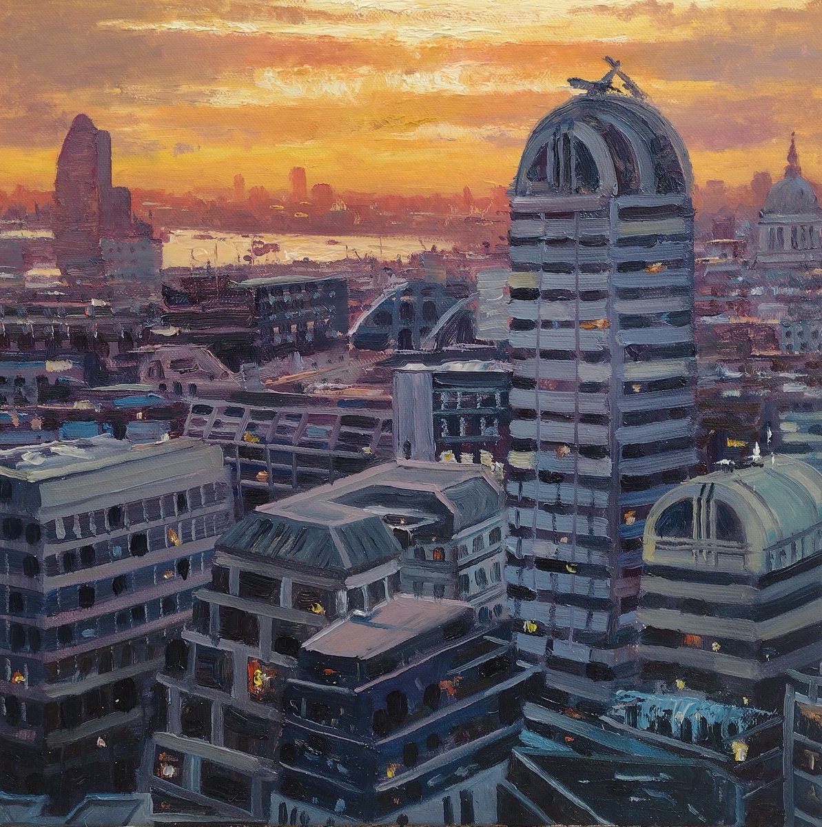 Impressionistic Cityscapes Oil Painting By Roberto Ponte, 16 X 16", London The Skygarden At 120, Original Artwork