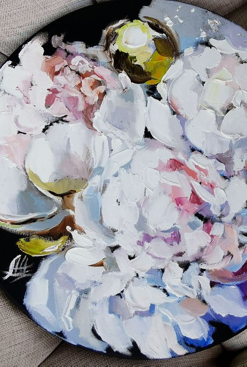 Round abstract canvas art, Peonies painting by Annet Loginova