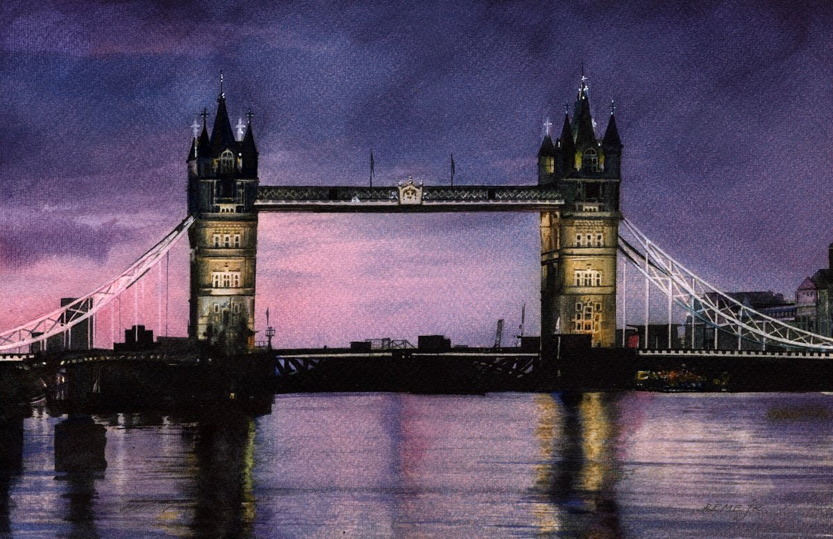Expressive Cityscapes Watercolour By Reme Jr., 14 X 9", London - Tower Bridge, Original Artwork