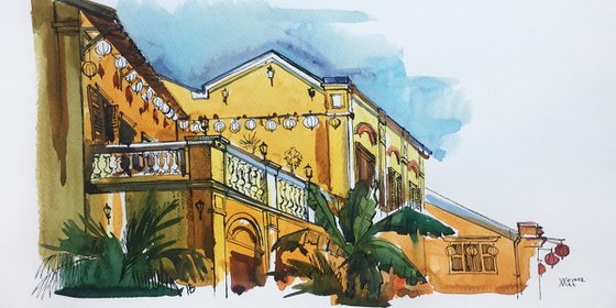 Hoi An. A city in Vietnam. Watercolor cityscape.