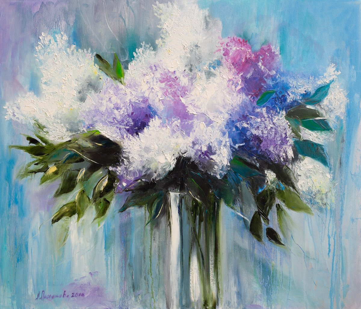 Expressive Botanical Oil Painting By Liudmila Pisliakova, 28 X 24", Lilac In A Vase, Original Artwork