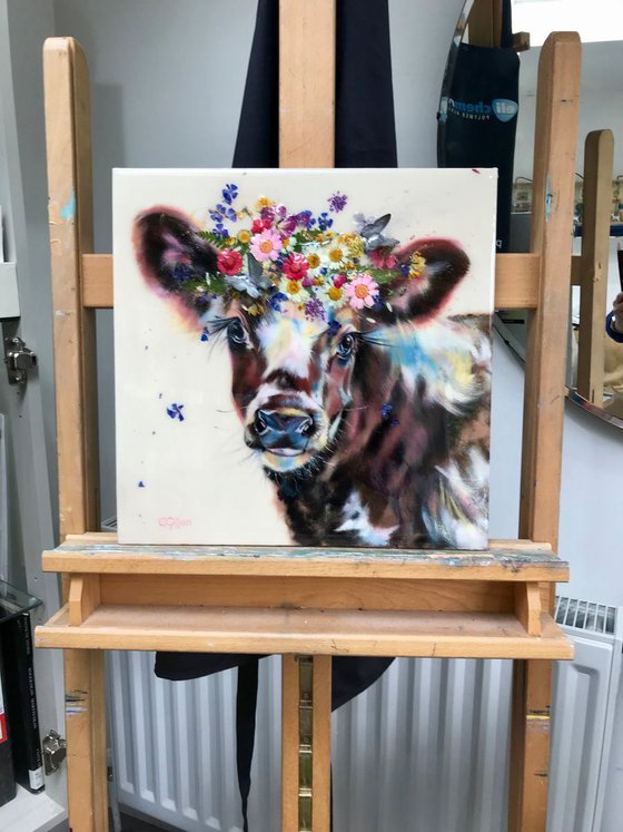 Flutter - Cow Calf Holstein Original Oil on Canvas Board, Resin & 3D Butterflies 14x14"