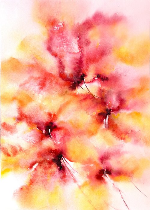 Flowers. Abstract floral painting in red and yellow colors by Olga Grigo