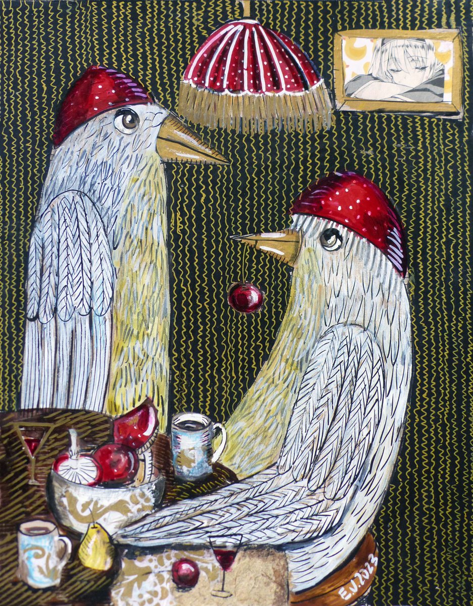 Surrealistic Animal Painting By Elizabeth Vlasova, 11 X 14, Night Tea With Mushrooms, Original Artwork