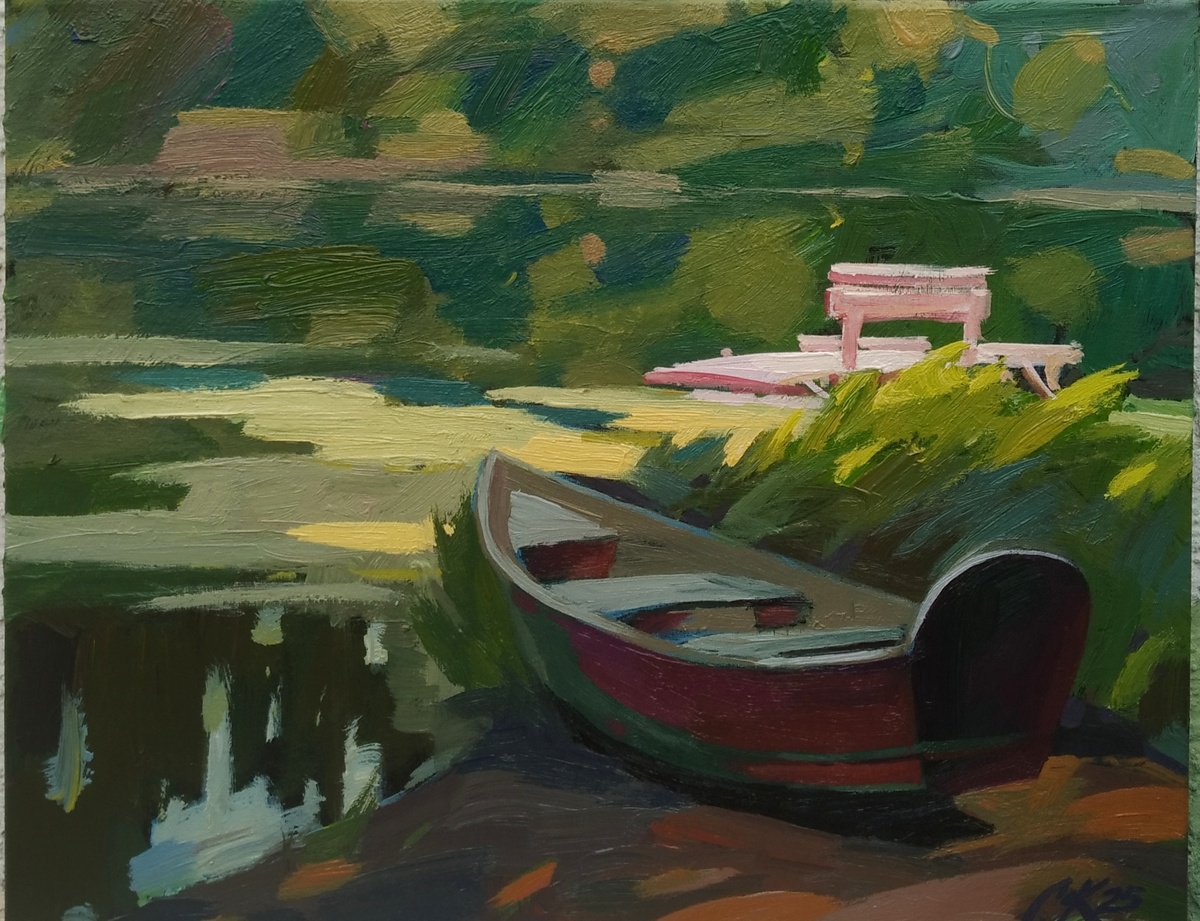 Impressionistic Landscape Acrylic Painting By Sergey Kachin, 20 X 16", By The River, Original Artwork