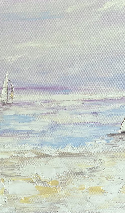 COZY PRIVACY - Element. Ships. Marine theme. Pastel shades. Waves. Coast. Sunset. by Marina Skromova