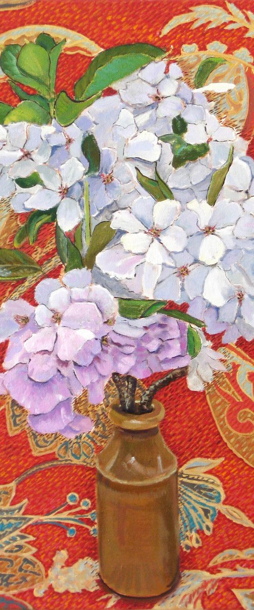 Blossom against Red Fabric by Richard Gibson