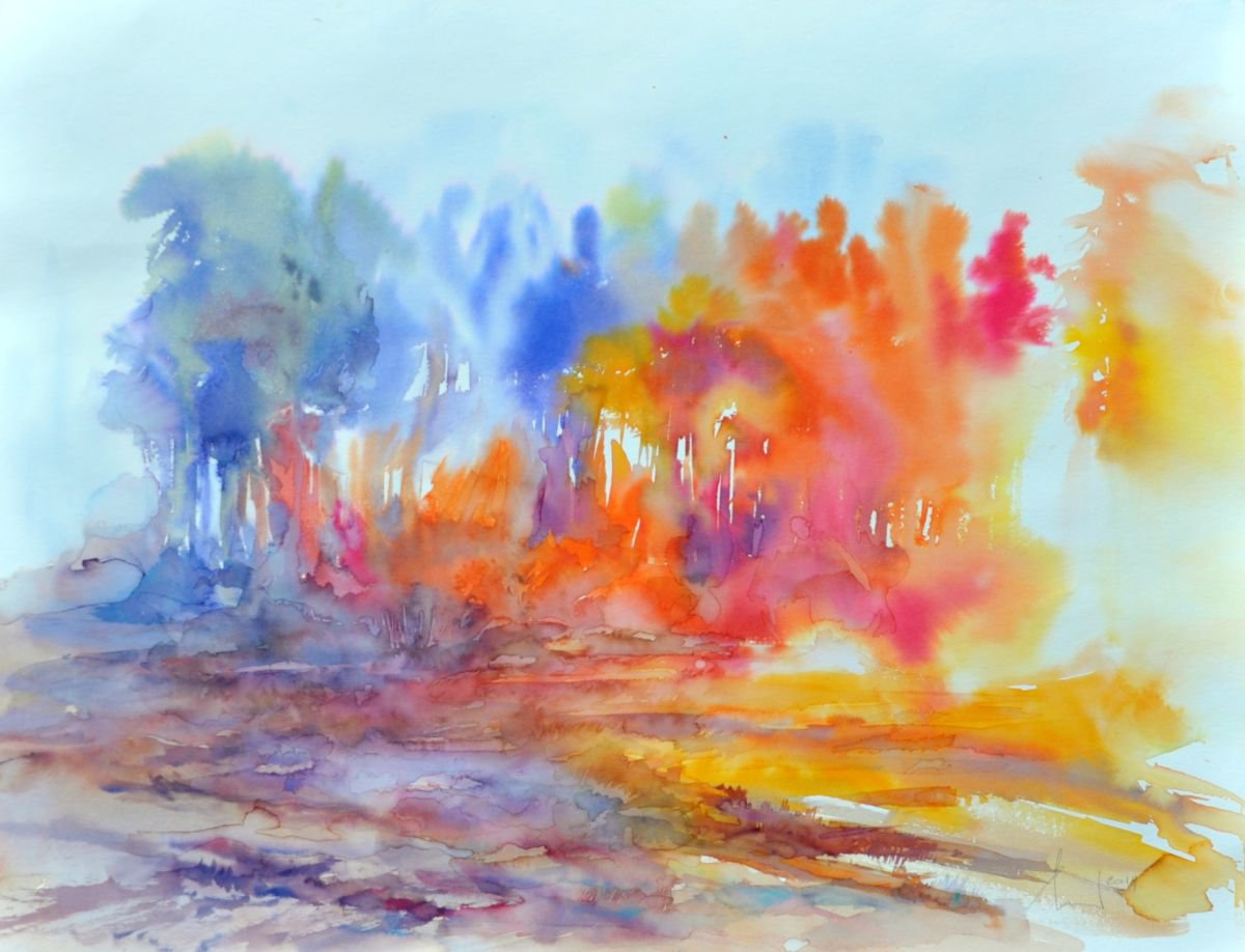 SUNSET TIME original watercolour large 65X50 by Beata van Wijngaarden