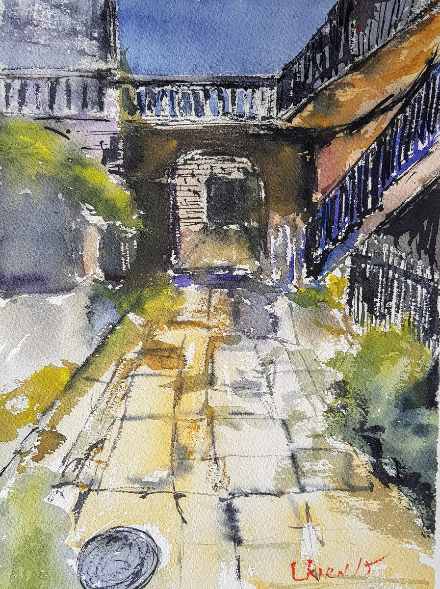 Impressionistic Cityscapes Watercolour By Leonid Kirnus, 9 X 13", Jerusalem Yard, Original Artwork