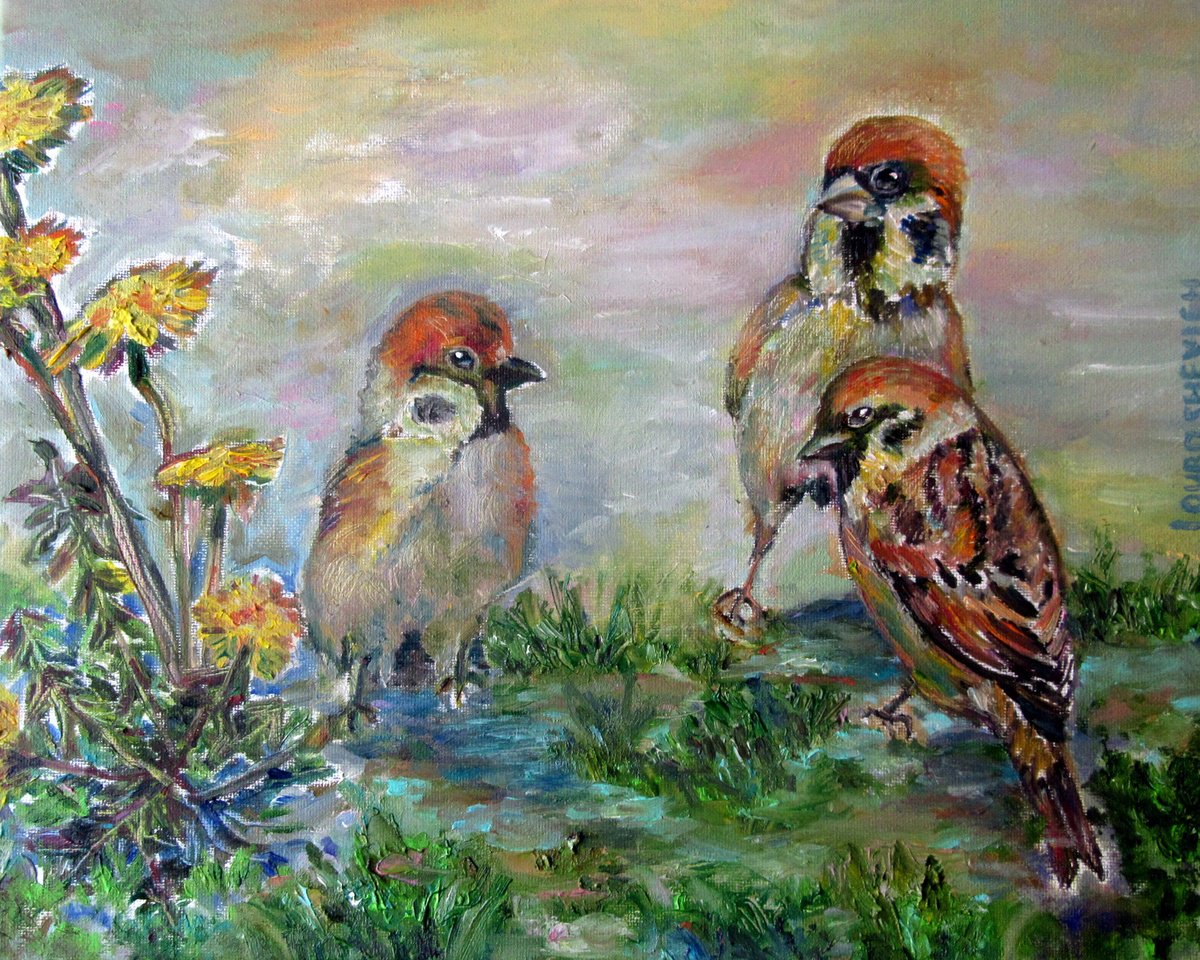 Impressionistic Botanical Oil Painting By Katia Ricci, 10 X 8", Sparrows And Dandelions, Original Artwork