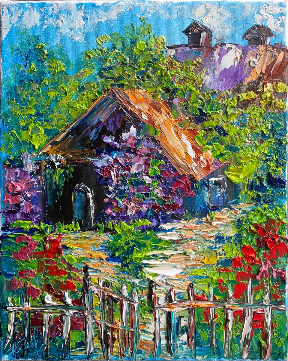 Impressionistic Botanical Oil Painting By Oksana Fedorova, 9 X 12", Old House With Flowers, Original Artwork