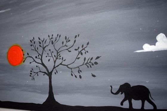 Grey Sky elephant, orange sun