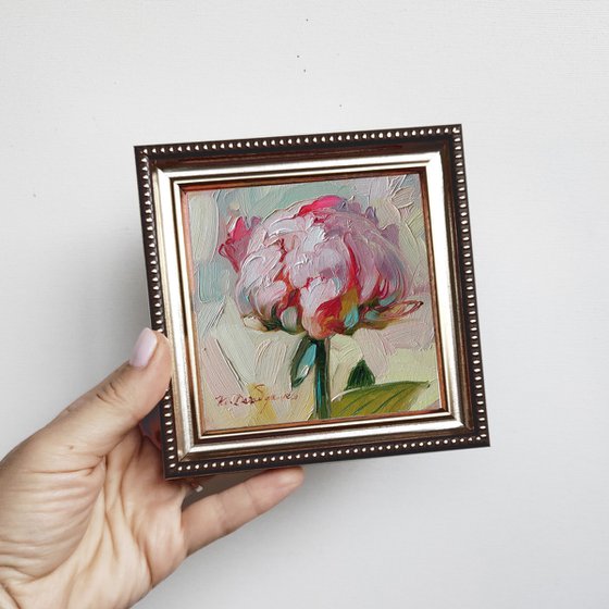 Peony oil painting original Small art framed, Unique peony wall art