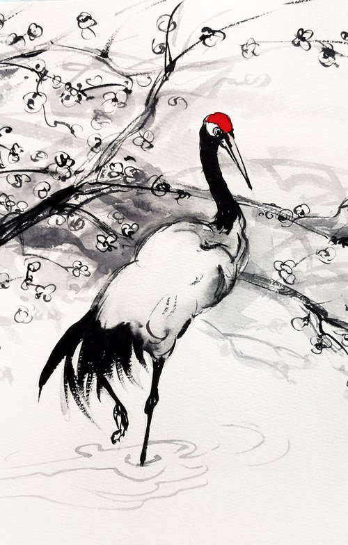 Japanese Red Crowned Crane and by Olga Beliaeva Watercolour