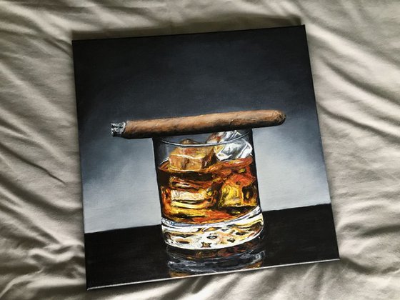 still life original painting, whiskey, cigar