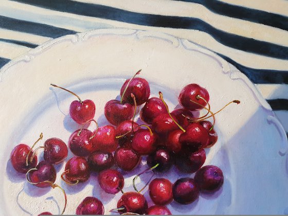 "Ripe sweet cherries."  still life summer plant cherries red  liGHt original painting  GIFT (2020))