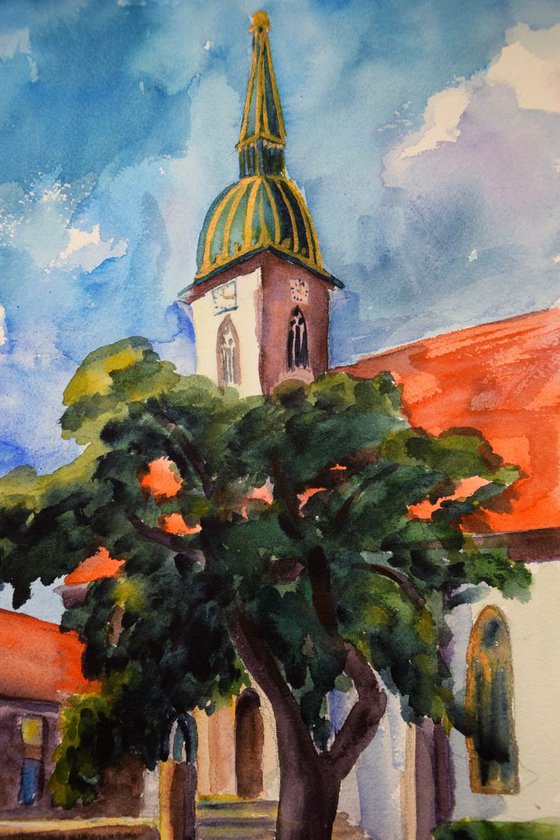 Bratislava church ORIGINAL watercolor painting, travel city gift, Slovakia Europe cityscape, plein air artwork