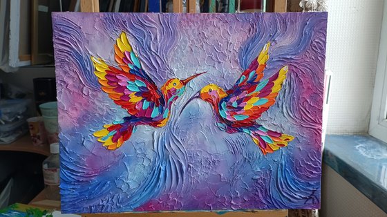 Pink dream - birds, hummingbirds oil painting, texture paste, love oil painting, birds oil painting, hummingbirds, love, animals oil painting, art bird, impressionism, palette knife, gift idea.