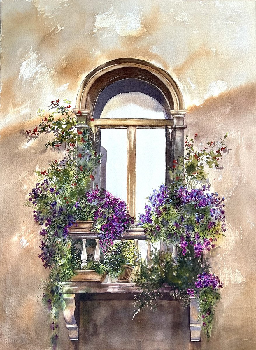 Photorealistic Cityscapes Watercolour By Alina Karpova, 22 X 30, Window With Flowers , Venice, Original Artwork