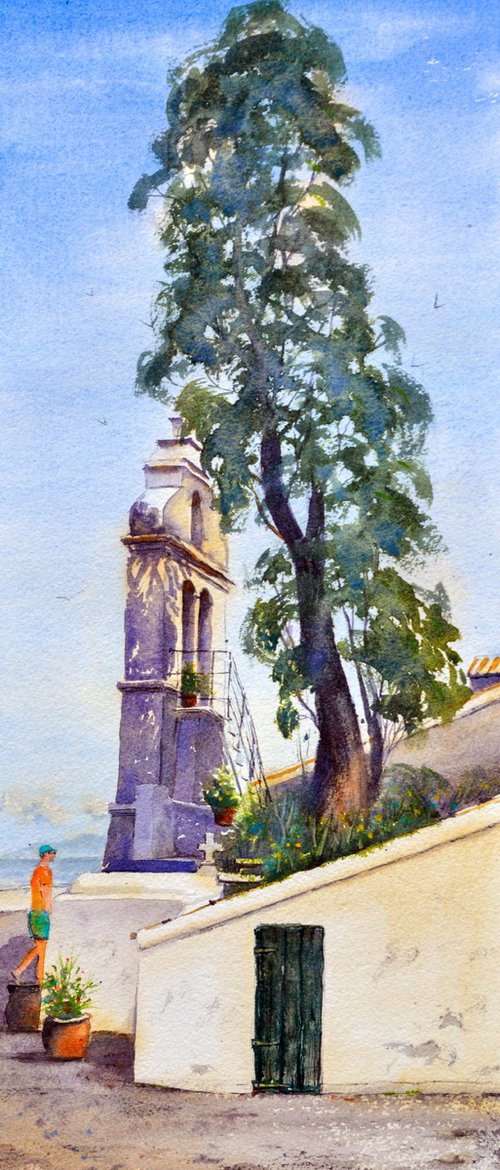 Church and tree Corfu Greece 23x54cm 2022 by Nenad Kojić watercolorist