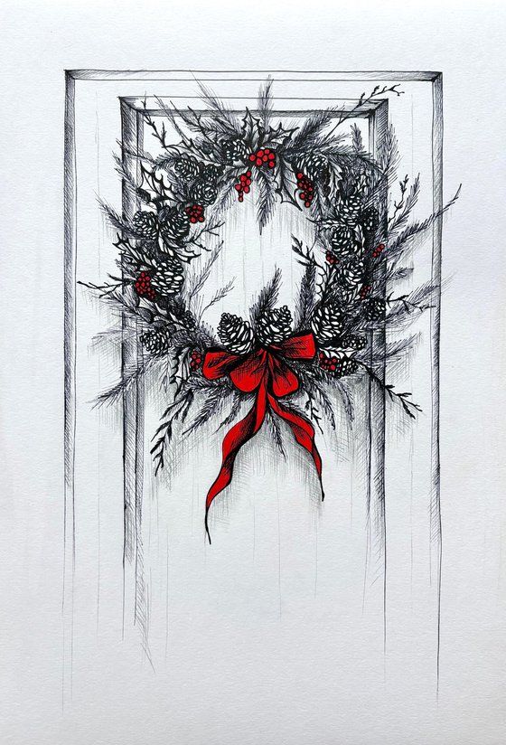 CHRISTMAS WREATH WITH A RED RIBBON