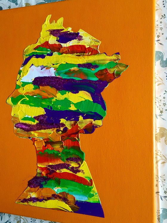 Queen #79 on deep yellow, sprinkle with stardust purple, green PAINTING INSPIRED BY QUEEN ELIZABETH PORTRAIT