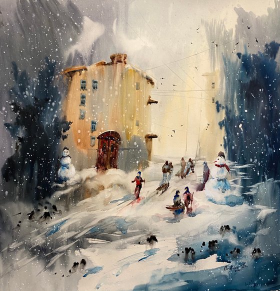 Sold Watercolor “Childhood games. Winter” perfect gift