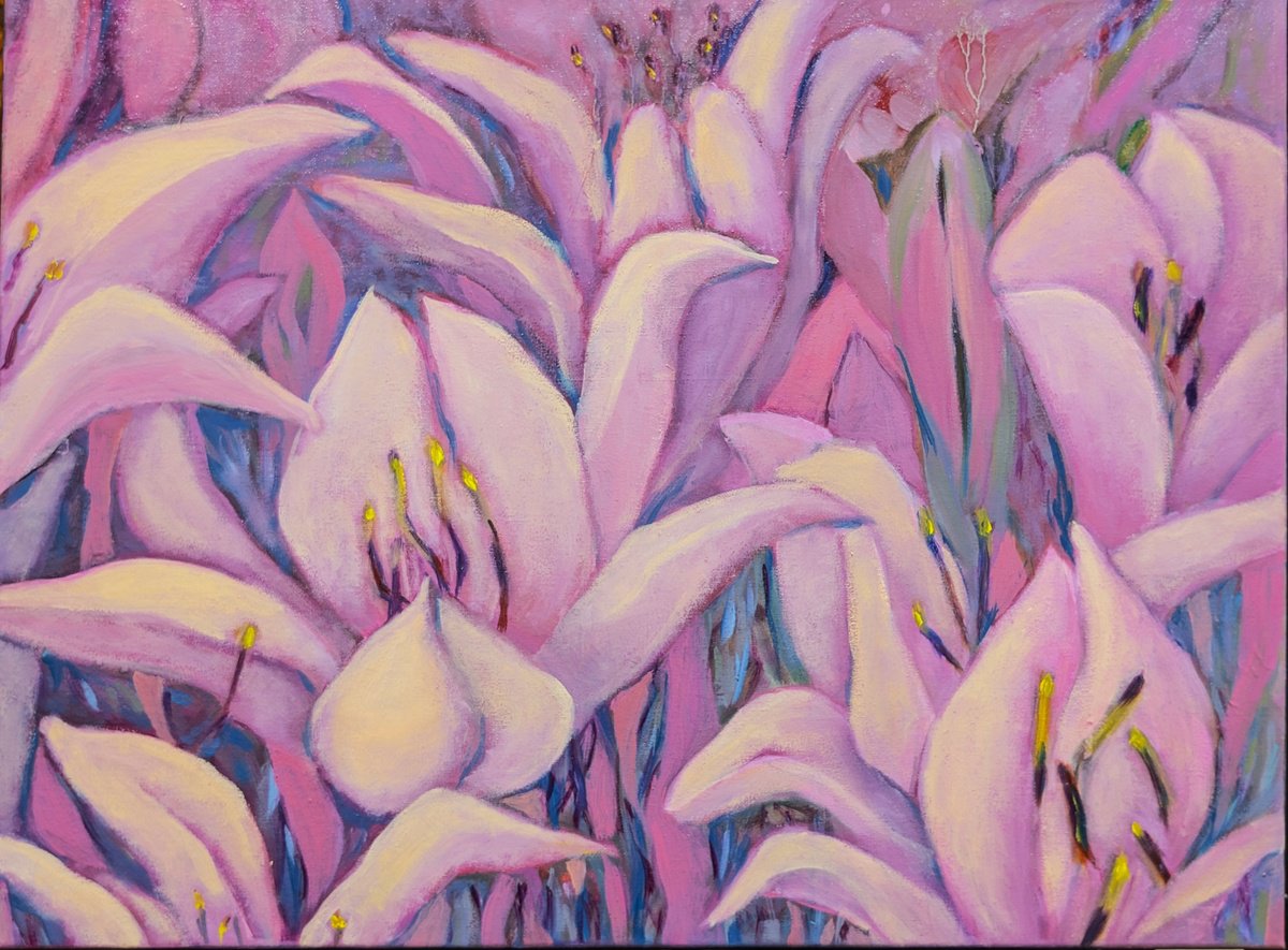 Impressionistic Botanical Oil Painting By Veta Barker, 24 X 18", Pink Retro., Original Artwork