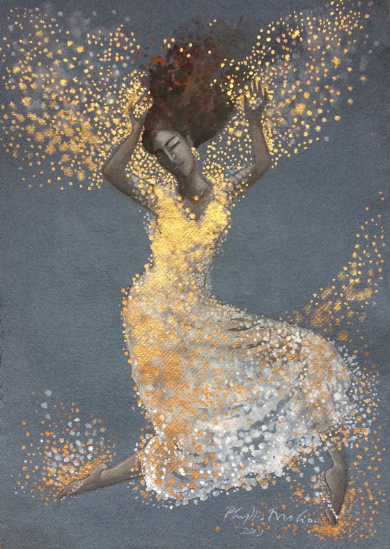 Woman with a golden soul, dancing, rejoicing