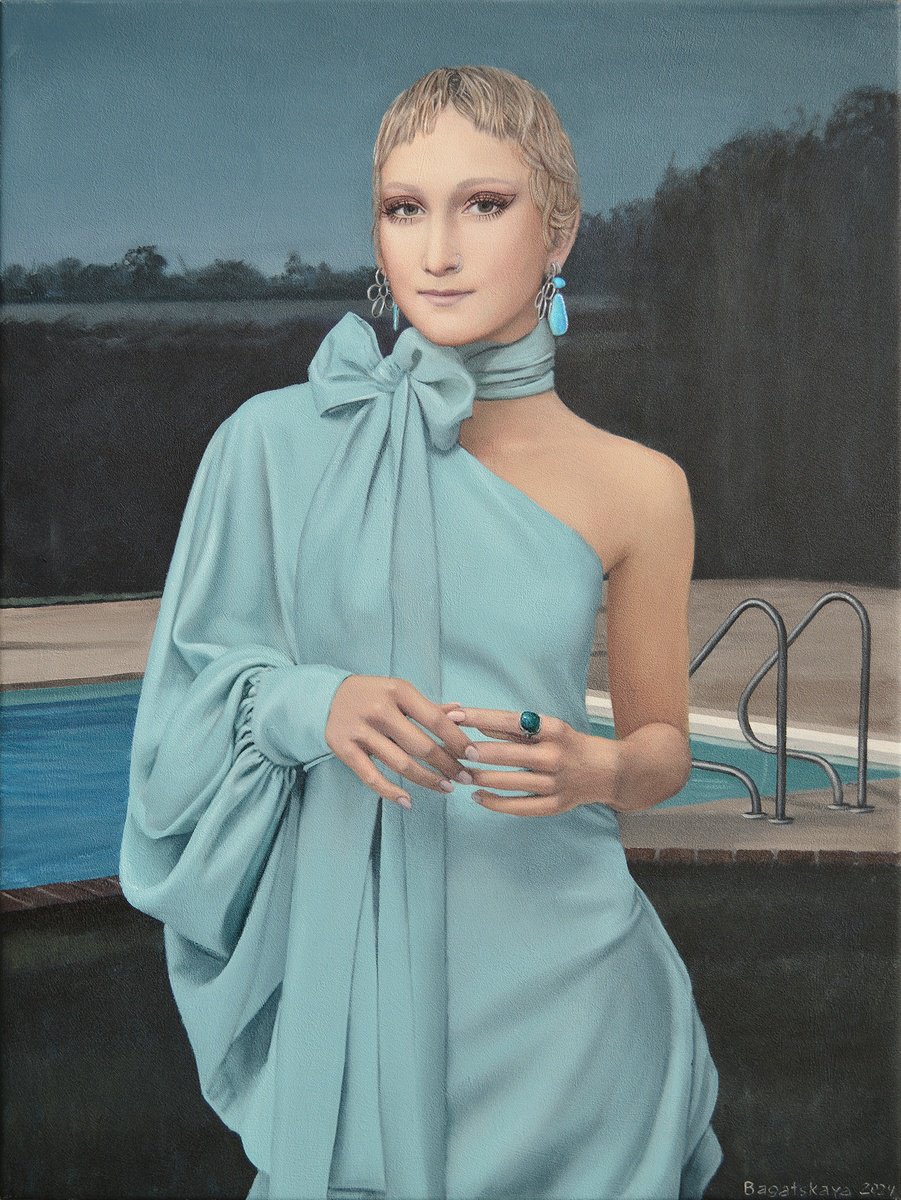 Photorealistic Portrait Acrylic Painting By Nataliya Bagatskaya, 24 X 31", Contemporary Portrait "Poolside Party", Artfinder