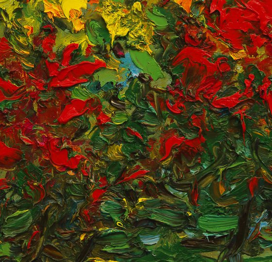 AUTUMN - original oil painting, green red coloured pond leaves, small size