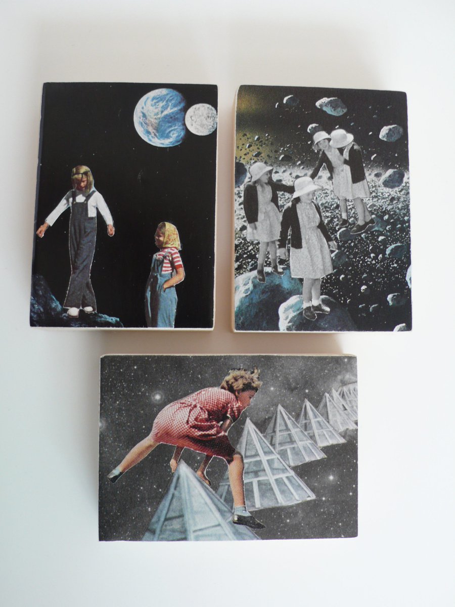 Space Girls Triptych collage on wood by Gina Ulgen