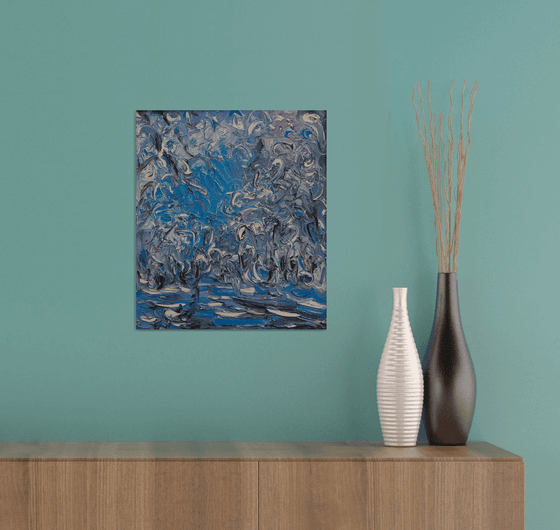 WINTER FORESR - original oil painting - vivid landscape, winterscape -  white and blue, snow, tree, plant, road home , abstract , gift art
