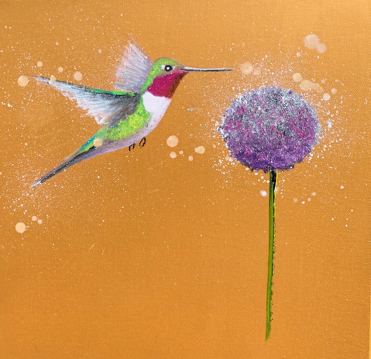 Hummingbird and Allium ~ on gold by Laure Bury
