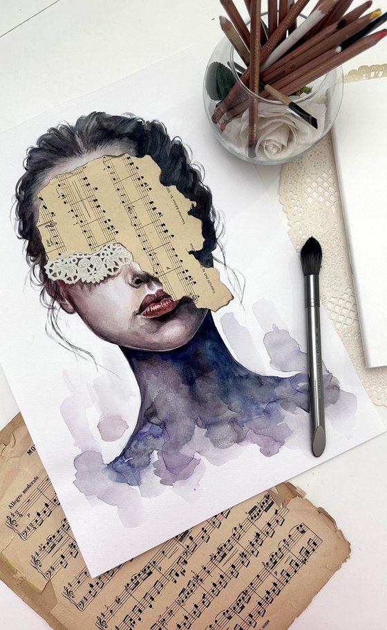 Watercolor Female Portrait Music Collage