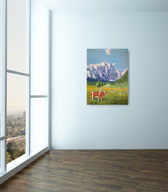 Funny Cow in Switzerland mountains landscape Painting