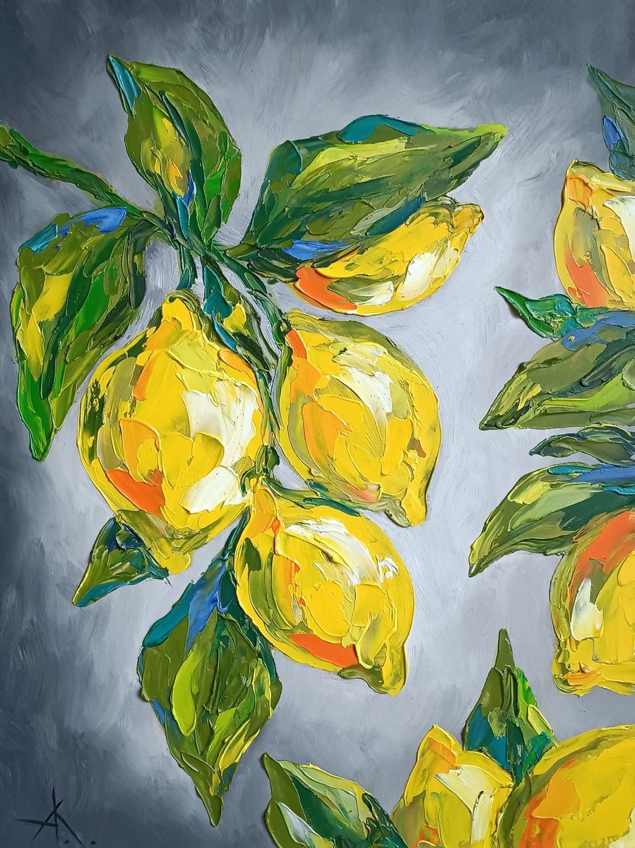 Lemons - lemon tones, lemon, oil painting, lemon yellow, lemons oil painting, lemons on th... by Anastasia Kozorez
