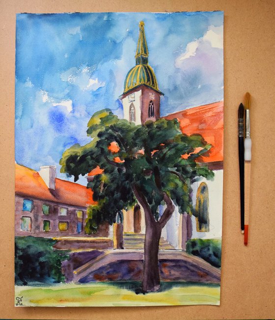 Bratislava church ORIGINAL watercolor painting, travel city gift, Slovakia Europe cityscape, plein air artwork