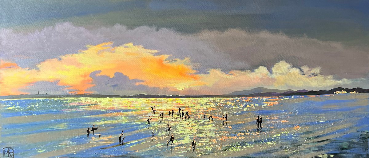 Impressionistic Landscape Acrylic Painting By Maria Kireev, 55 X 24", Evening Rays., Original Artwork