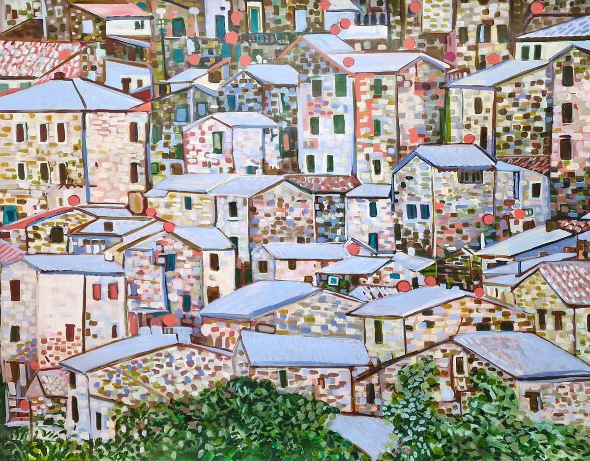 Impressionistic Cityscapes Acrylic Painting By Alexandra Djokic, 36 X 28, Tuscany Old Town, Original Artwork